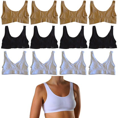 FEVI | Pack de 12 Tops en 3 Colores: Blanco, Negro, Beige | Talla Única de la 85 a la 95 - Underwear Essentials