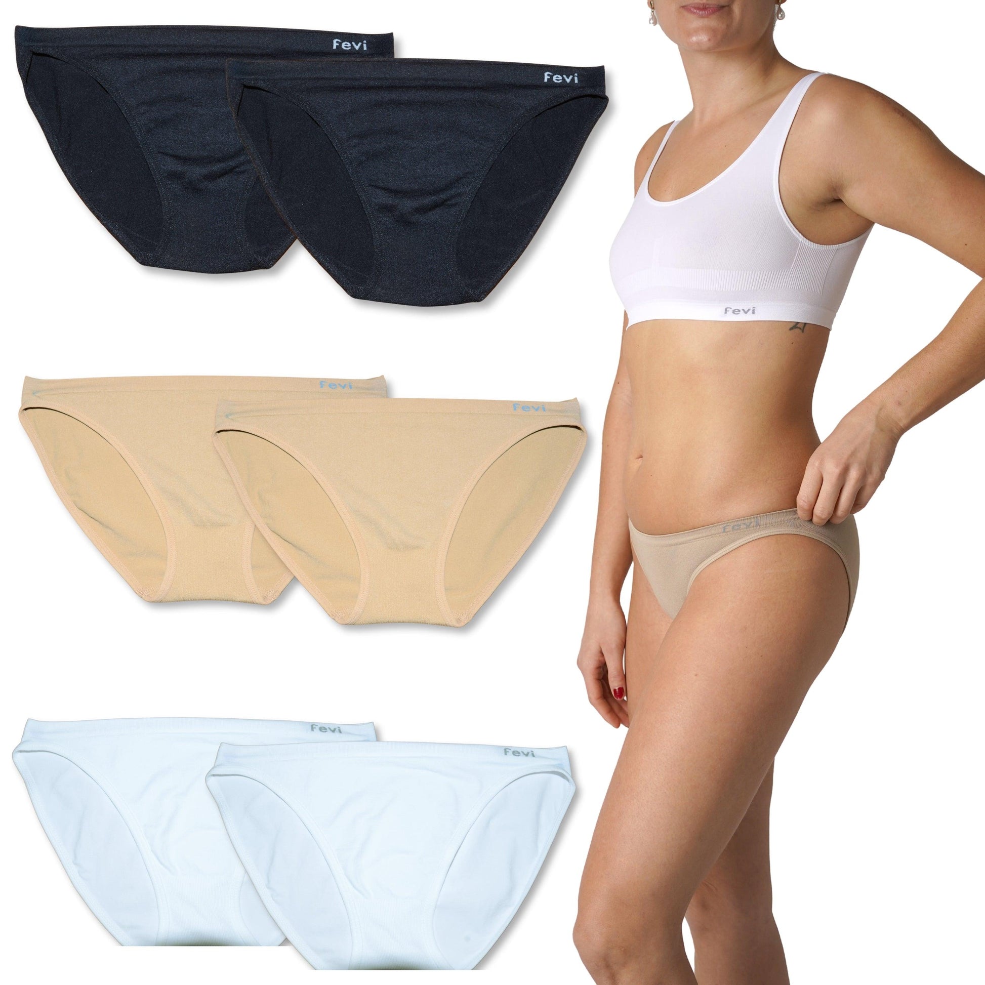 FEVI | Pack de 6 Braguitas Tiro Bajo | 1 o 3 Colores Diferentes: Blanco, Negro y Beige | Talla Única: M-L - Underwear Essentials