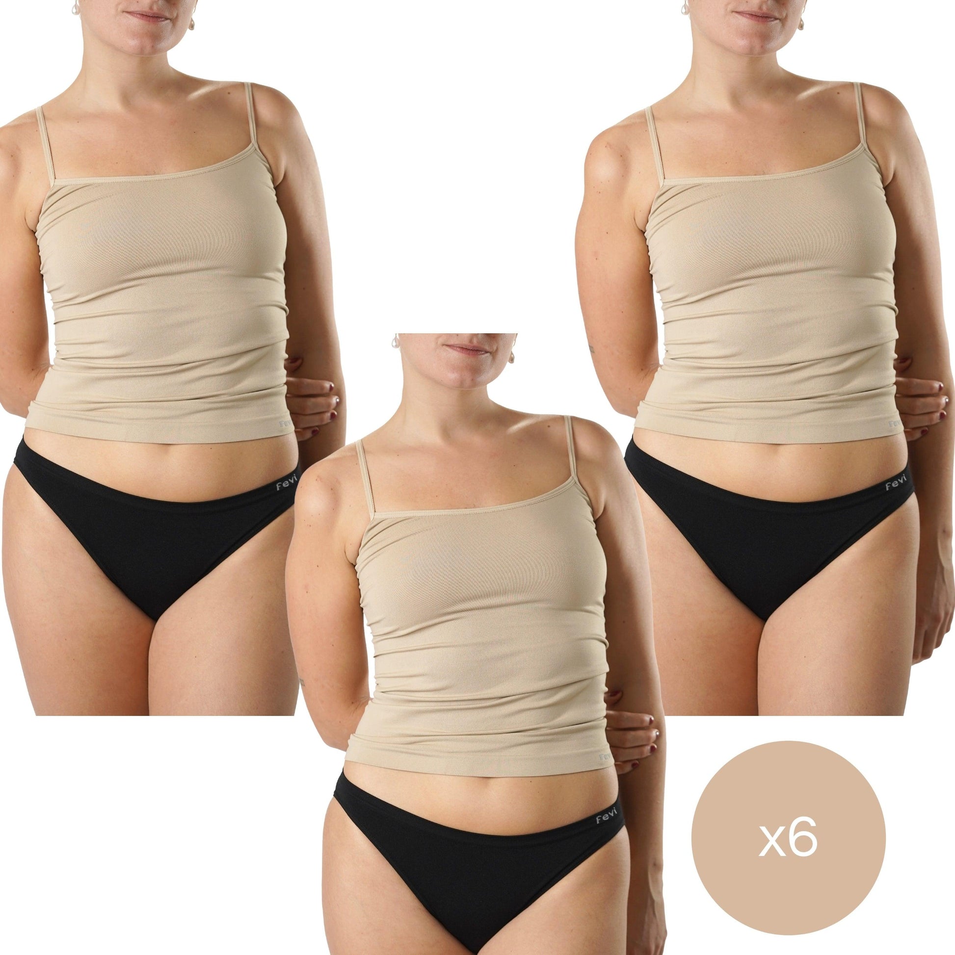 FEVI | Pack de 6 Camisetas de Tirantes en 1 o 3 Colores: Blanco, Negro, Beige | Talla Única de la S a la L - Underwear Essentials