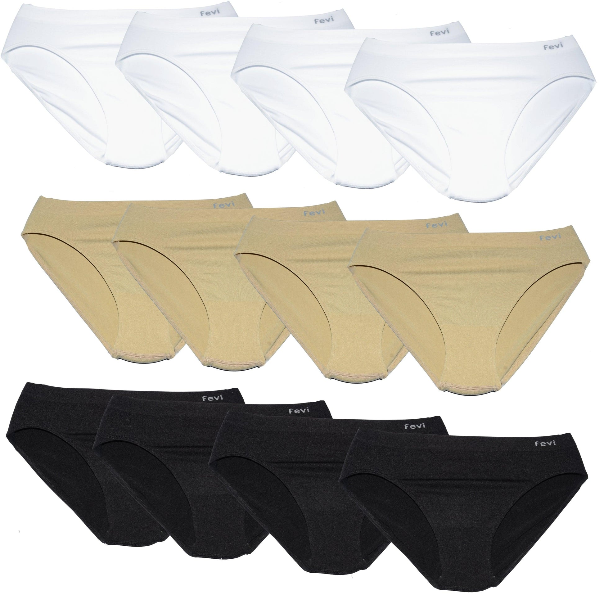FEVI | Pack de 12 Braguitas Tiro Medio en 1 o 3 Colores Diferentes: Blanco, Negro y Beige | Talla única M-L - Underwear Essentials