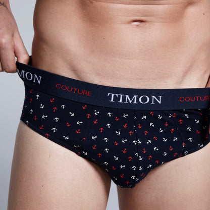 TIMON | Pack de 6 Slips Para Hombre | 93 % Algodón | 3 Colores: Negro, Marino, Verde y 3 Estampados con Anclas | Cintura Elástica | Máximo Confort | 5 Tallas: S, M, L, XL, XXL