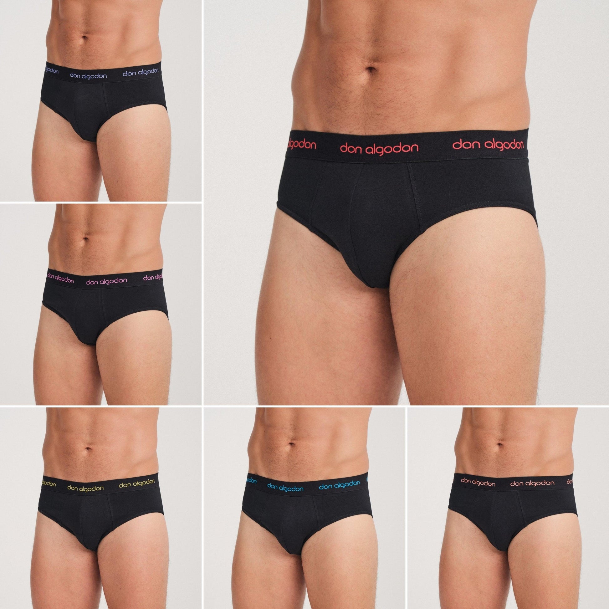 Don Algodon | Pack 6 Slips Lisos | Negros con Cintura a Colores | Transpirables - Underwear Essentials