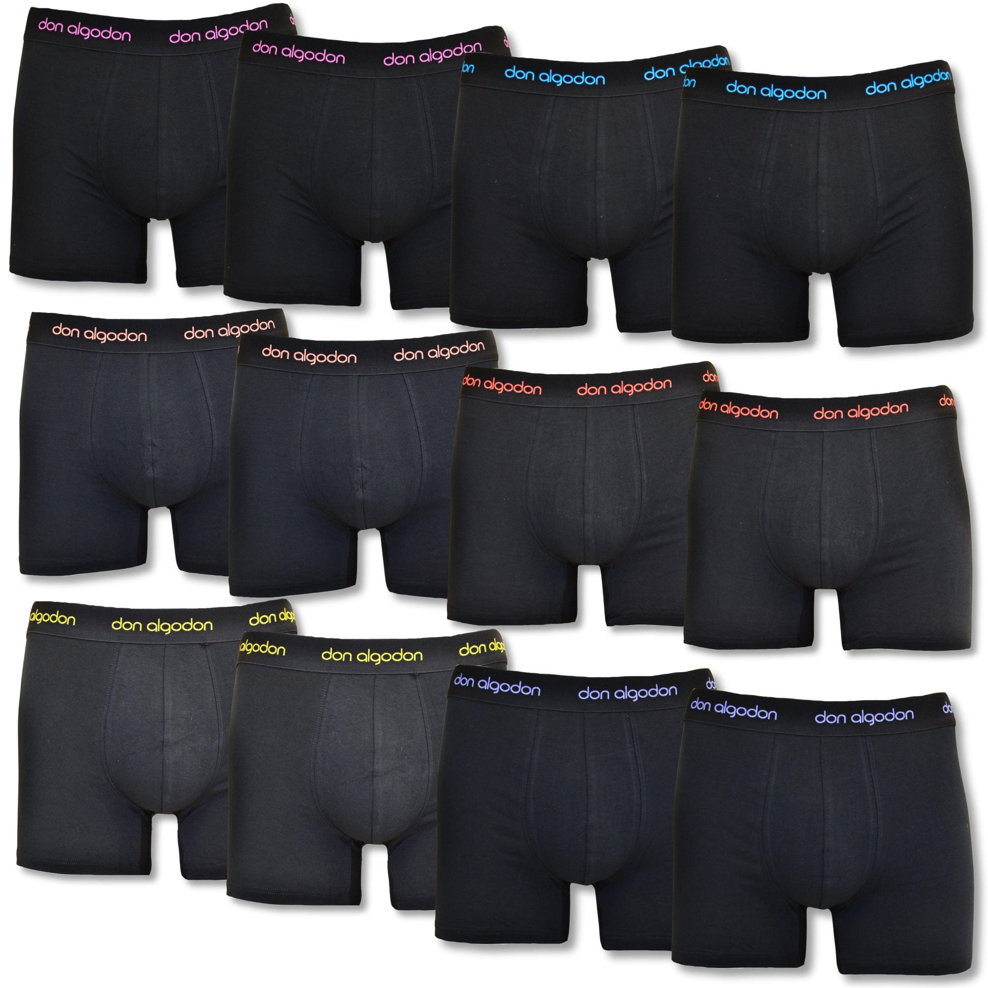 Don Algodon | Pack 12 Boxers para Hombre | Negros con Cintura de Colores | Transpirables - Underwear Essentials