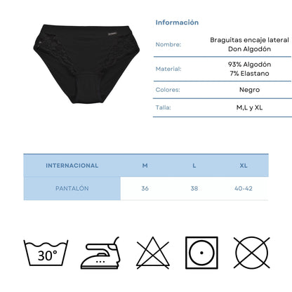 Don Algodon | Pack de 6 Bragas Bikini con Encaje Lateral | Transpirables - Underwear Essentials