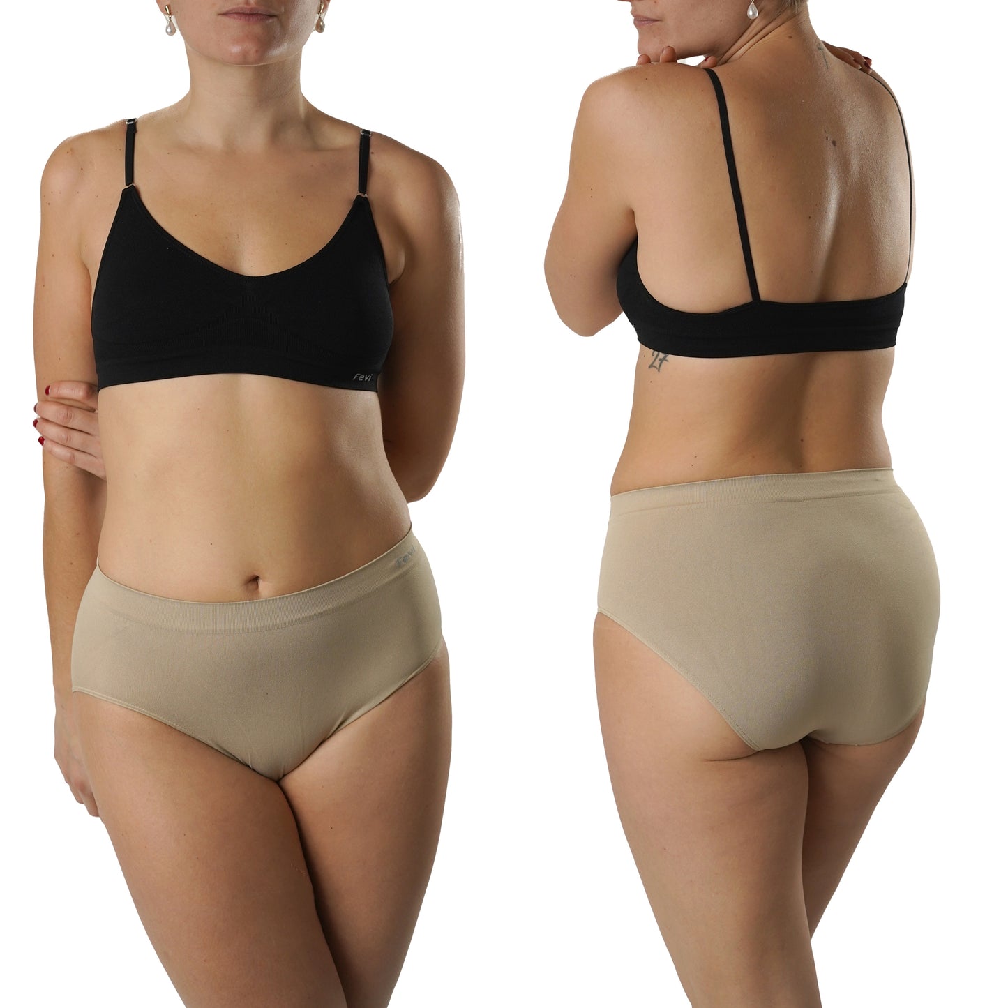FEVI | Pack de 6 Braguitas Tiro Medio-Alto | en 1 o 3 Colores Diferentes: Blanco, Negro y Beige | Elásticas y Cómodas | Para Uso Diario