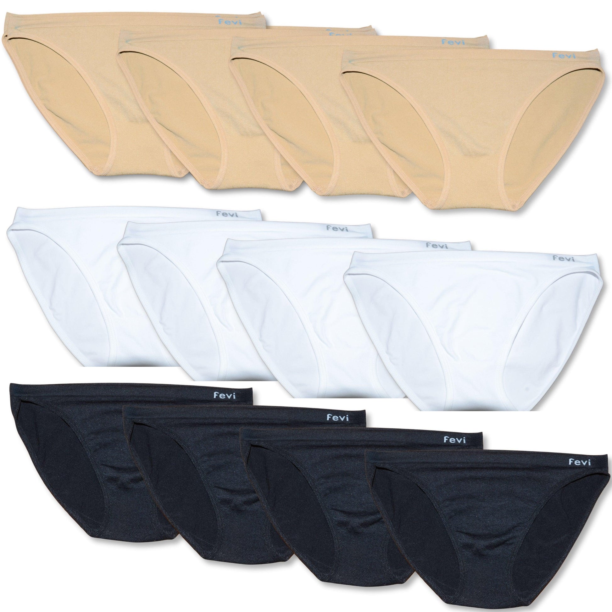 FEVI | Pack de 12 Braguitas Tiro Bajo |  1 o 3 Colores Diferentes: Blanco, Negro y Beige | Talla Única: M-L - Underwear Essentials