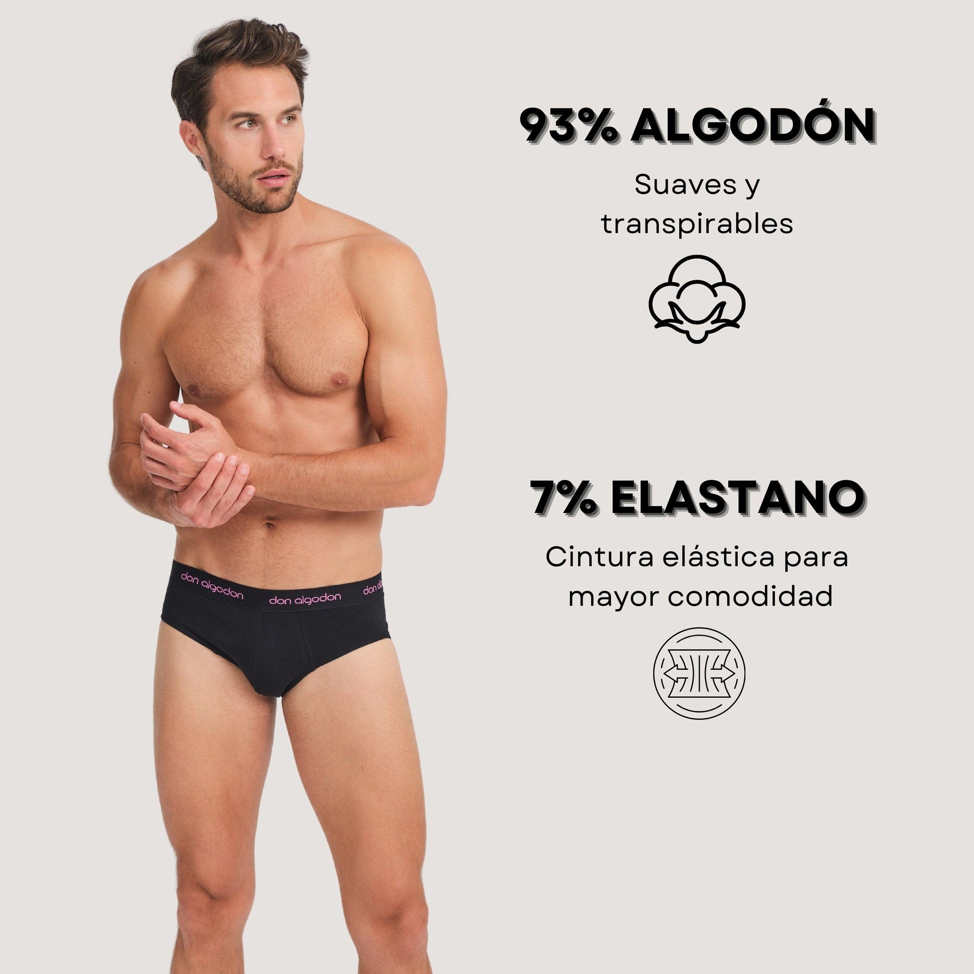 Don Algodon | Pack 6 Slips Lisos | Negros con Cintura a Colores | Transpirables - Underwear Essentials