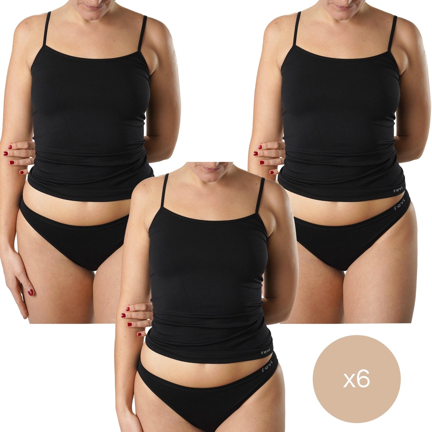 FEVI | Pack de 6 Camisetas de Tirantes en 1 o 3 Colores: Blanco, Negro, Beige | Talla Única de la S a la L - Underwear Essentials