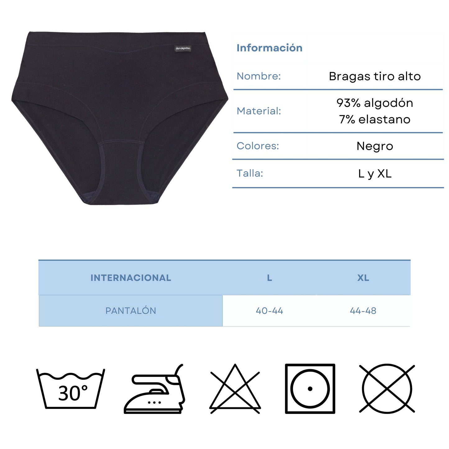 DON ALGODON | Pack de 6 Braguitas Tiro Alto de Algodón | Suaves y Cómodas | Cintura Elástica