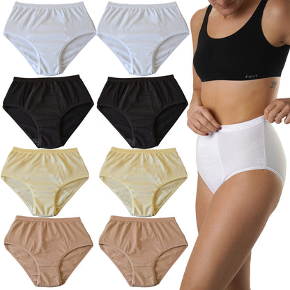 FEVI | Pack de 8 Bragas Tiro Alto | 4 Colores Diferentes: Negro, Beige, Cava y Blanco | 95% Algodón | Estampado Elegante | Cintura Elástica