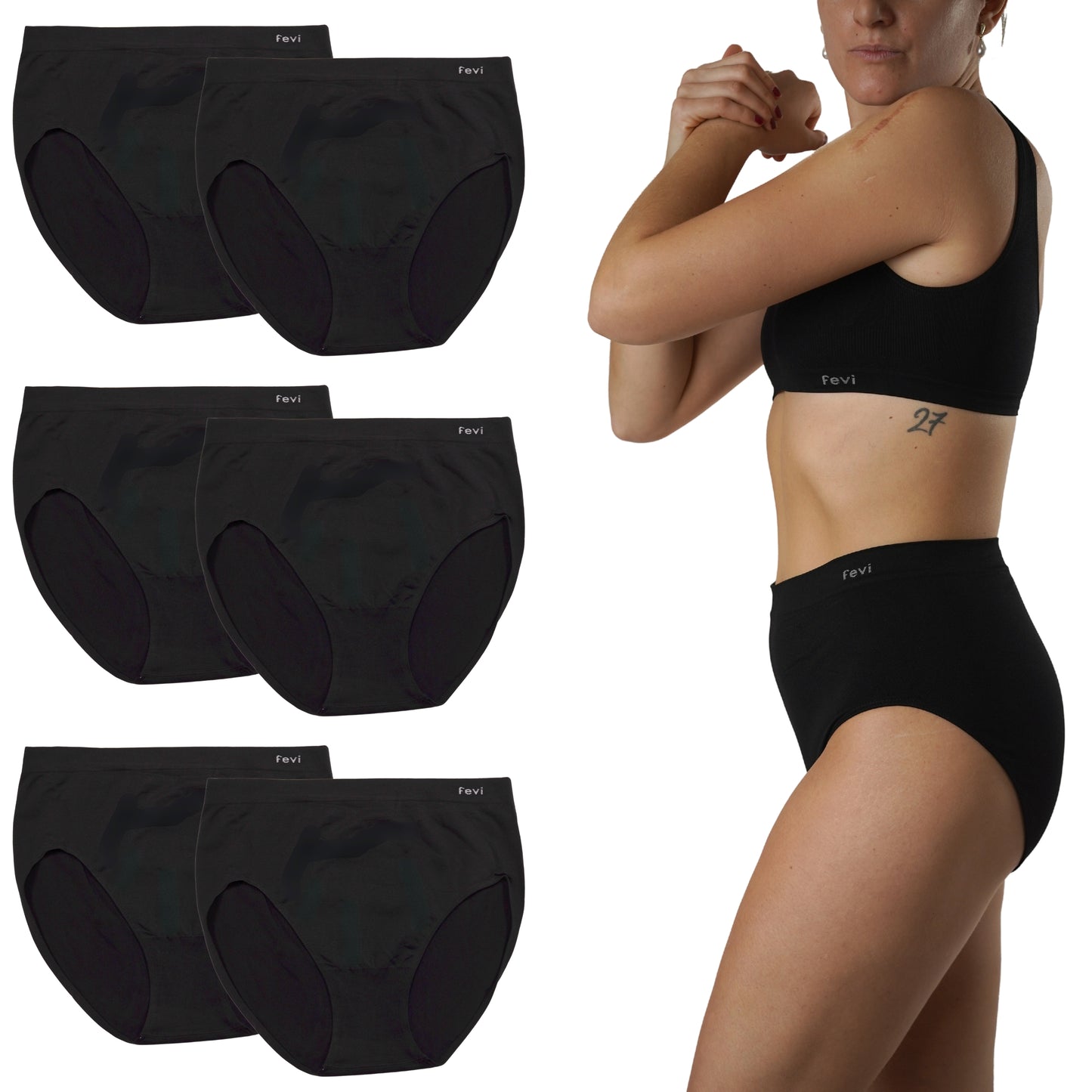 FEVI | Pack de 6 Bragas Tiro Alto | en 1 o 3 Colores Diferentes; Blanco, Negro y Beige | Reductoras