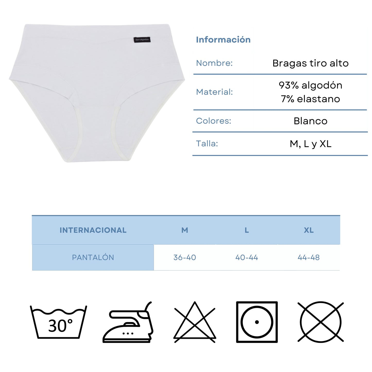 DON ALGODON | Pack de 6 Braguitas Tiro Alto de Algodón | Suaves y Cómodas | Cintura Elástica