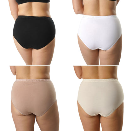 FEVI | Pack de 8 Bragas Tiro Alto | 4 Colores Diferentes: Negro, Beige, Cava y Blanco | 95% Algodón | Estampado Elegante | Cintura Elástica