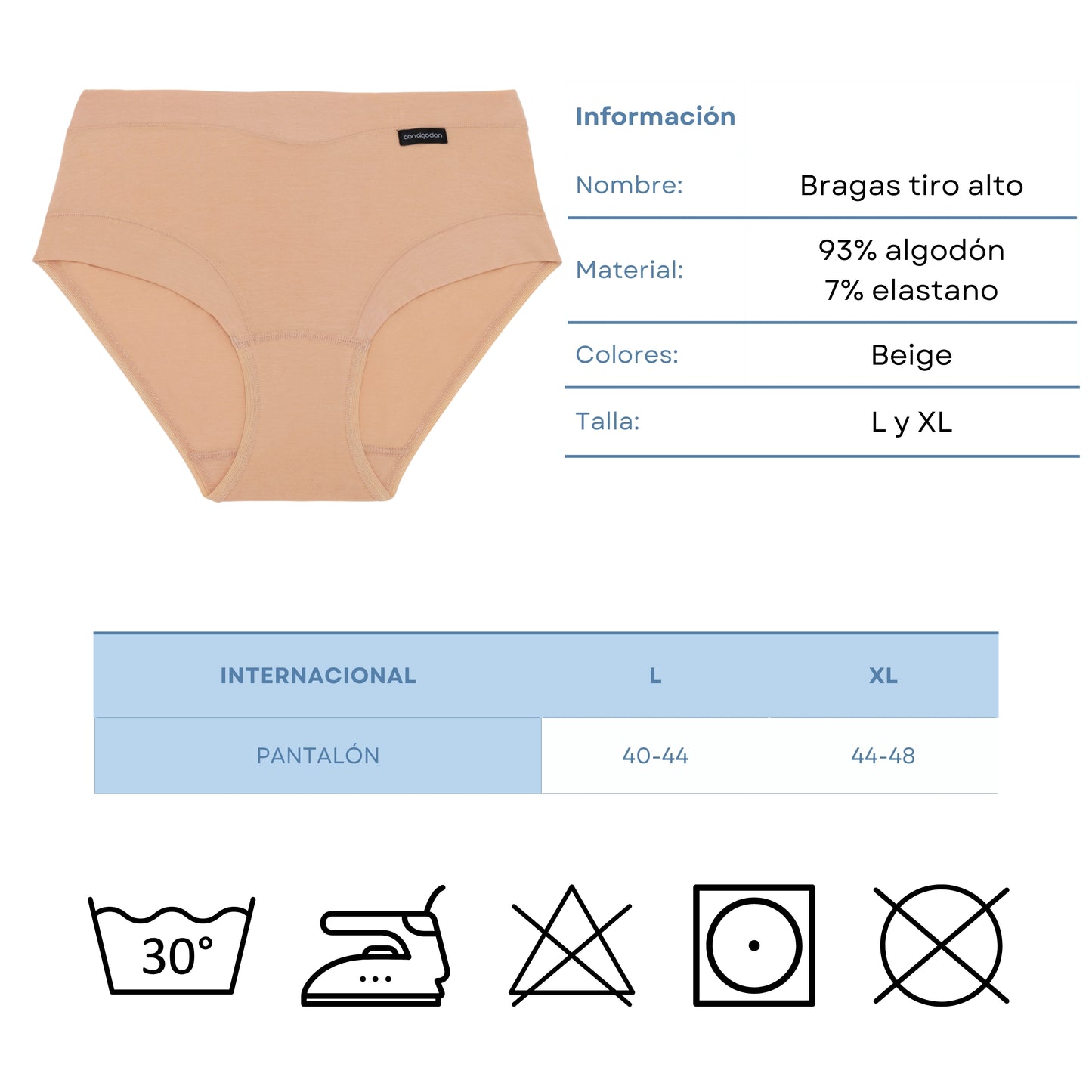 DON ALGODON | Pack de 6 Braguitas Tiro Alto de Algodón | Suaves y Cómodas | Cintura Elástica