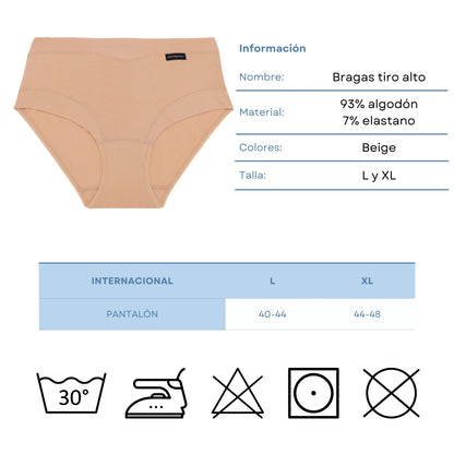 DON ALGODON | Pack de 6 Braguitas Tiro Alto de Algodón | Suaves y Cómodas | Cintura Elástica