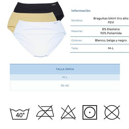FEVI | Pack de 6 Braguitas Tiro Medio-Alto | en 1 o 3 Colores Diferentes: Blanco, Negro y Beige | Elásticas y Cómodas | Para Uso Diario
