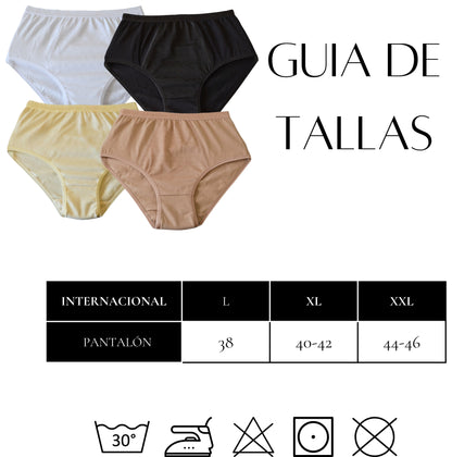 FEVI | Pack de 8 Bragas Tiro Alto | 4 Colores Diferentes: Negro, Beige, Cava y Blanco | 95% Algodón | Estampado Elegante | Cintura Elástica