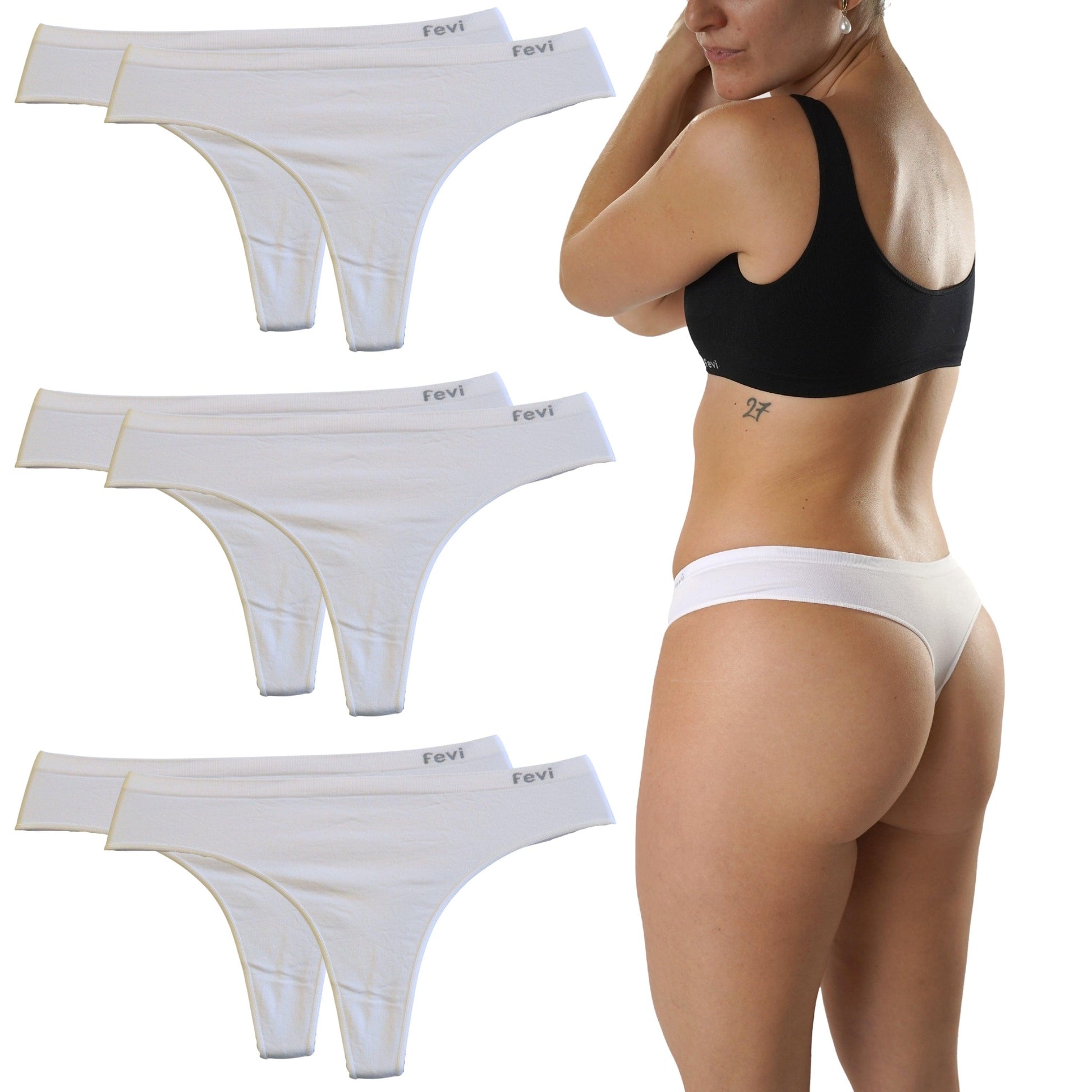 FEVI | Pack de 6 Tangas en 1 o 3 Colores Diferentes: Blanco, Negro y Beige | Talla Única: M-L - Underwear Essentials