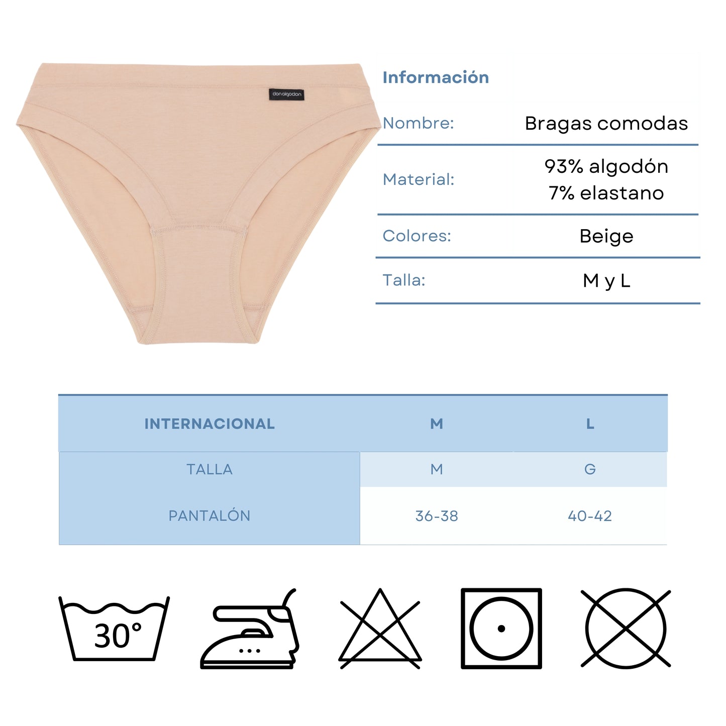 Don Algodon Pack de 6 Braguitas Beige Tiro Medio de Algodón para Mujer
