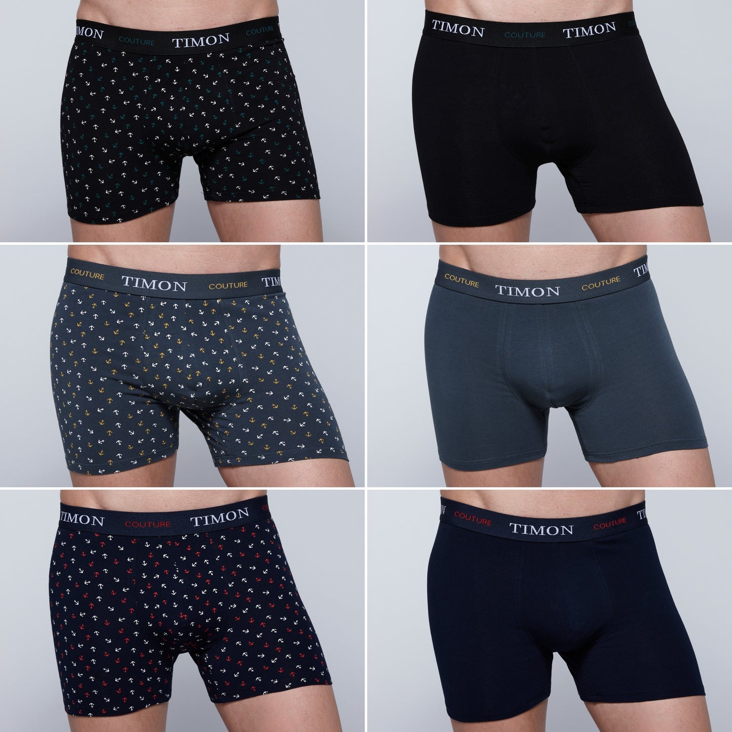 TIMON | Pack de 6 Boxers Para Hombre | 93 % Algodón | 3 Colores: Negro, Marino, Verde y 3 Estampados con Anclas| Cintura Elástica | Máximo Confort | 5 Tallas: S, M, L, XL, XXL