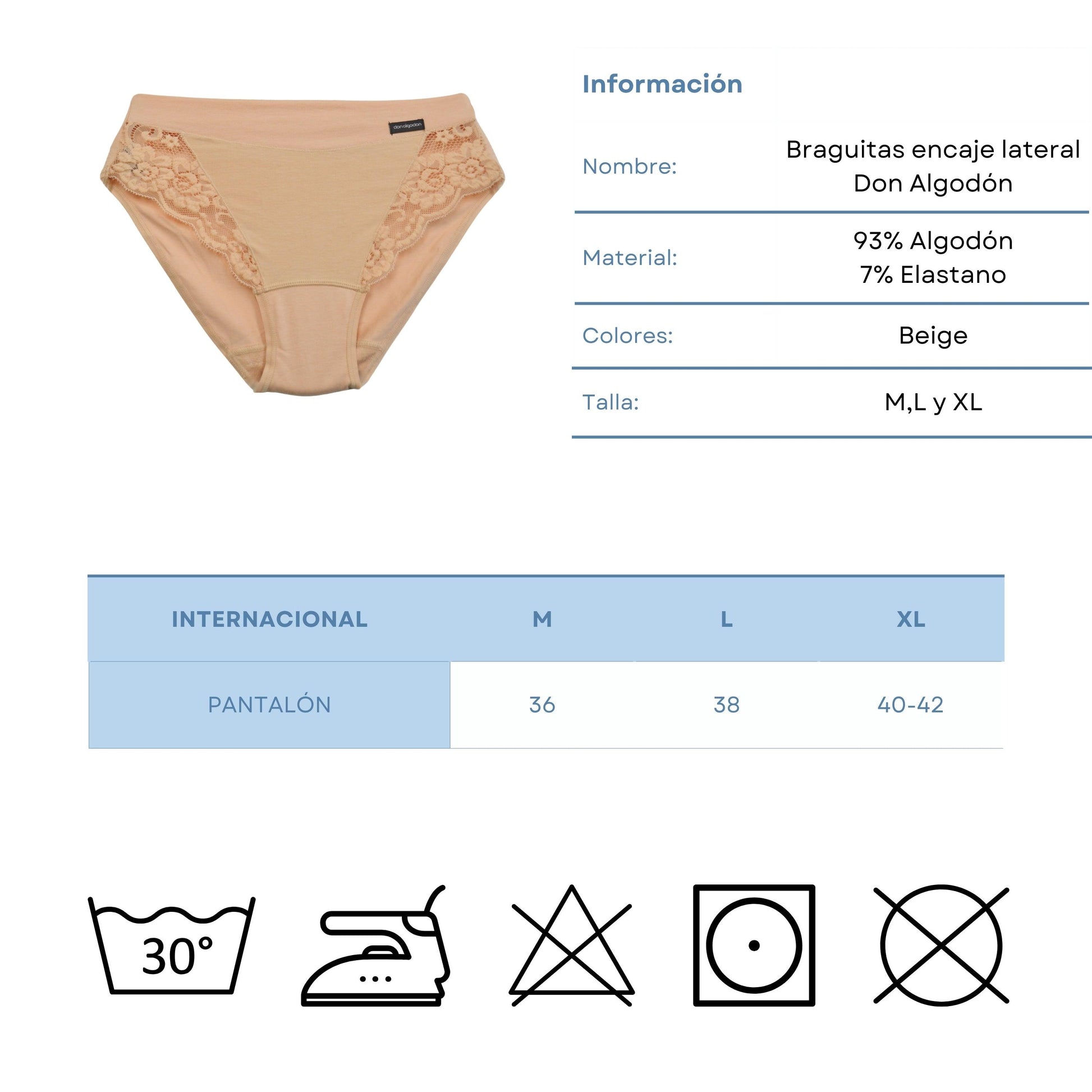 Don Algodon | Pack de 6 Bragas Bikini con Encaje Lateral | Transpirables - Underwear Essentials