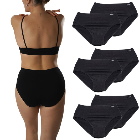 FEVI | Pack de 6 Braguitas Tiro Medio-Alto | en 1 o 3 Colores Diferentes: Blanco, Negro y Beige | Elásticas y Cómodas | Para Uso Diario