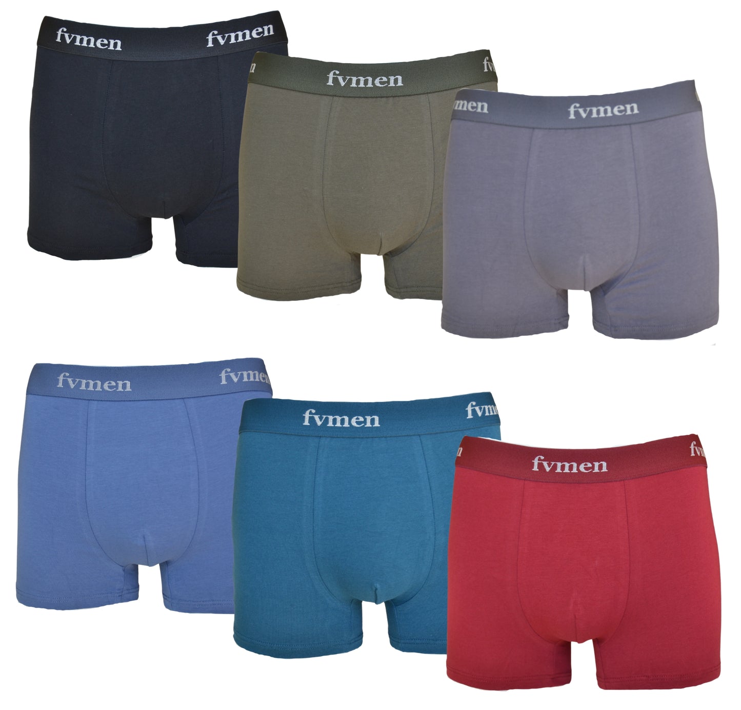 FEVI | Pack de 6 Boxers para Hombre | 6 Colores Diferentes: Negro, Azul, Teja, Verde, Verde agua, Gris | Transpirables | 95% Algodón | Cómodos y Suaves | Cintura Elástica | 5 Tallas: S, M, L, XL, XXL