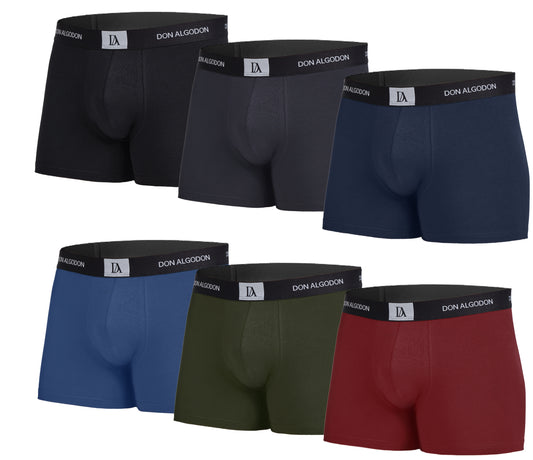 DON ALGODON | Pack de 6 Boxers Para Hombres | 6 Colores Diferentes: Negro, Azul, Gris, Teja, Azulado, Verde | Elegantes y Cómodos | 93% Algodón | 5 Tallas: S, M, L, XL, XXL | Para Uso Diario | Cintura Elástica | Transpirables y Suaves