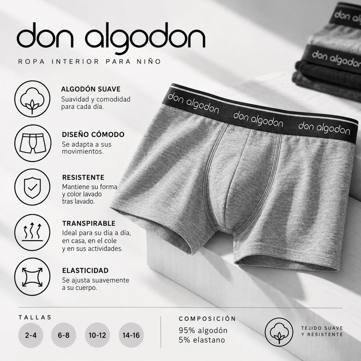 Don Algodon Crianças | Pacote com 12 boxers lisos para meninos | Cuecas respiráveis