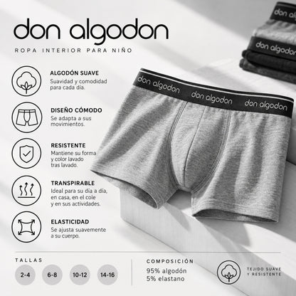 Don Algodon Crianças | Pacote com 12 boxers lisos para meninos | Cuecas respiráveis