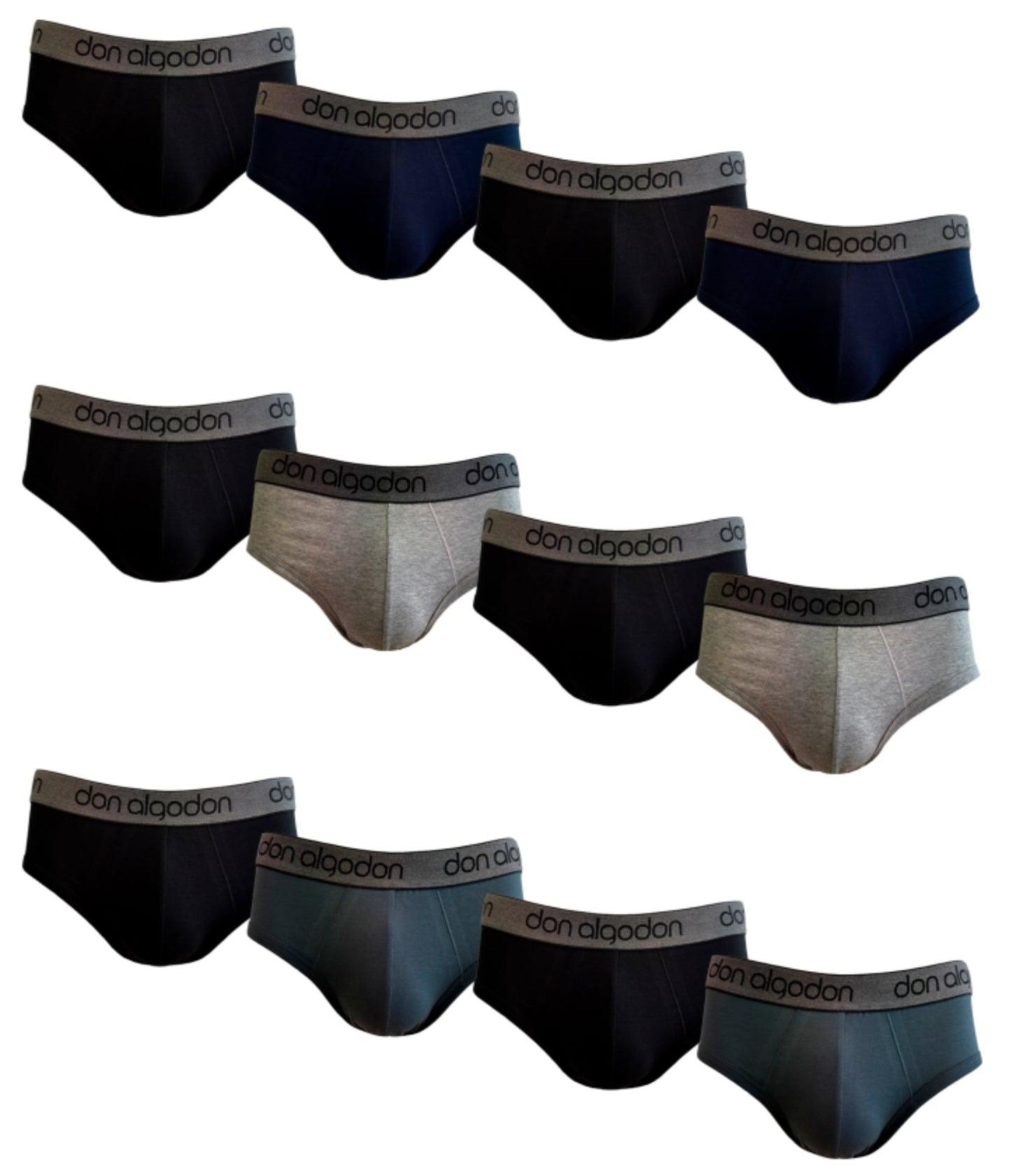 Don Algodon | Pack 12 Slips Lisos Hombre | 6 Negros, 2 Marinos, 2 Grises y 2 Verdes - Underwear Essentials