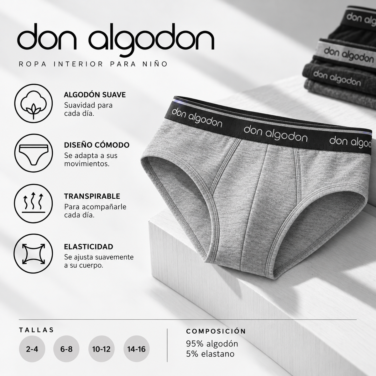 Don Algodon Kids | Pack 6 Slips Lisos y Estampados para Niño | Calzoncillos Transpirables